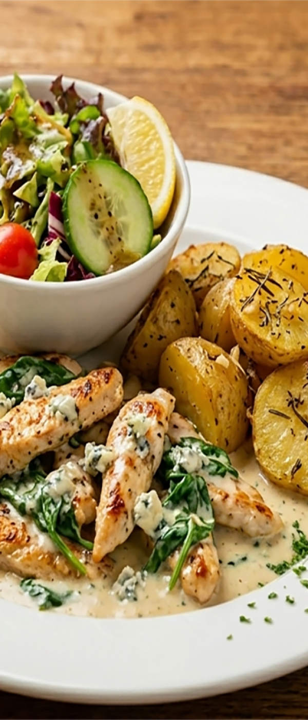 Hänchenstreifen Spinat in Gorgonzolasauce,Salat, Knoblauchkartoffeln